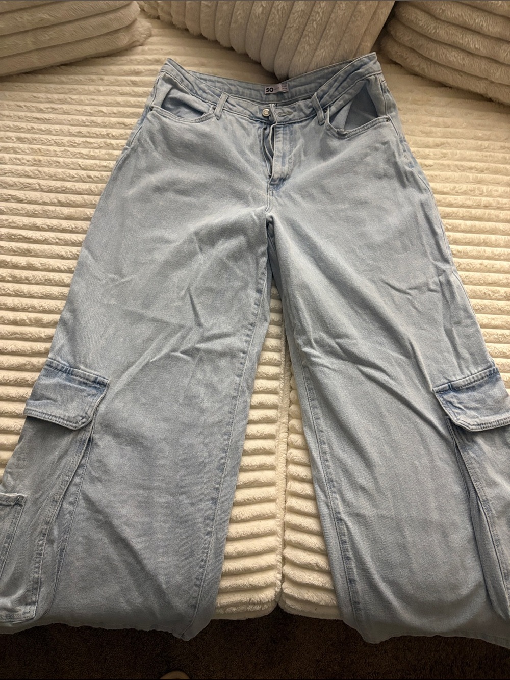 SO Light Blue Wide-Leg Cargo Jeans - Women
